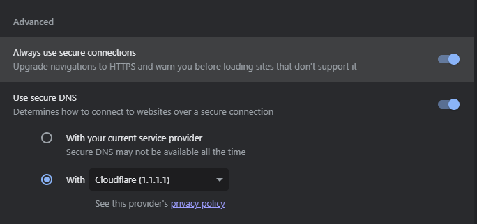 setting secure DNS Google Chrome