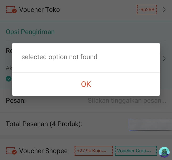 selected option not found shopee